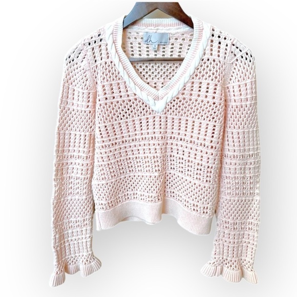 DH tennis pullover sweater, pointelle knit, baby pink w. white cableknit detail - Picture 1 of 11
